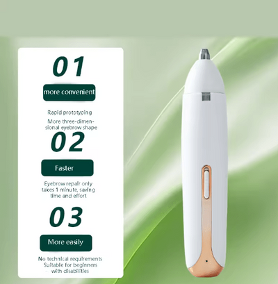 Eyebrow grooming tool with features listed on a green background Hair trimmer