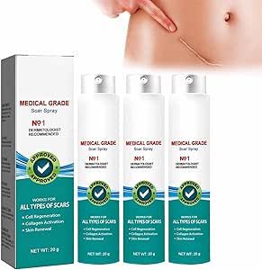 Three bottles of medical-grade scar removal spray with a box and a close-up of a scar for health 