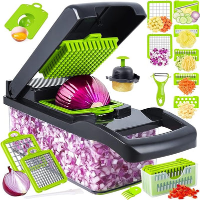 Vegetable chopper with various attachments and chopped vegetables displayed.