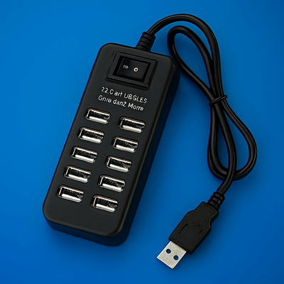 Black 10 USB port hub with multiple ports on a blue background